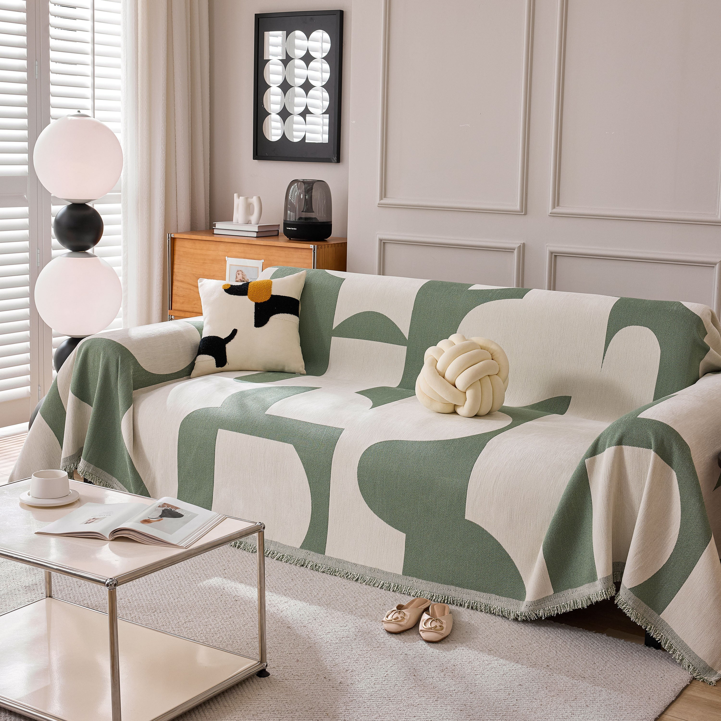 Modern Abstract Chenille Sofa Cover, Large Soft Throw Blanket with Tassels for Couch