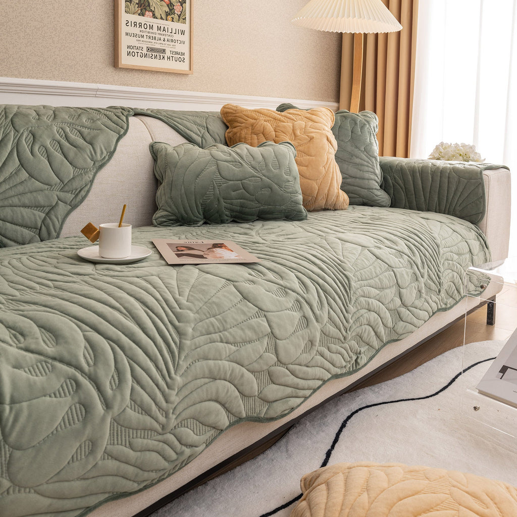 Soft Velvet Plush Non-Slip Sofa Cover Quilted Palm Leaves Sofa Seat Pad for Kids and Pets