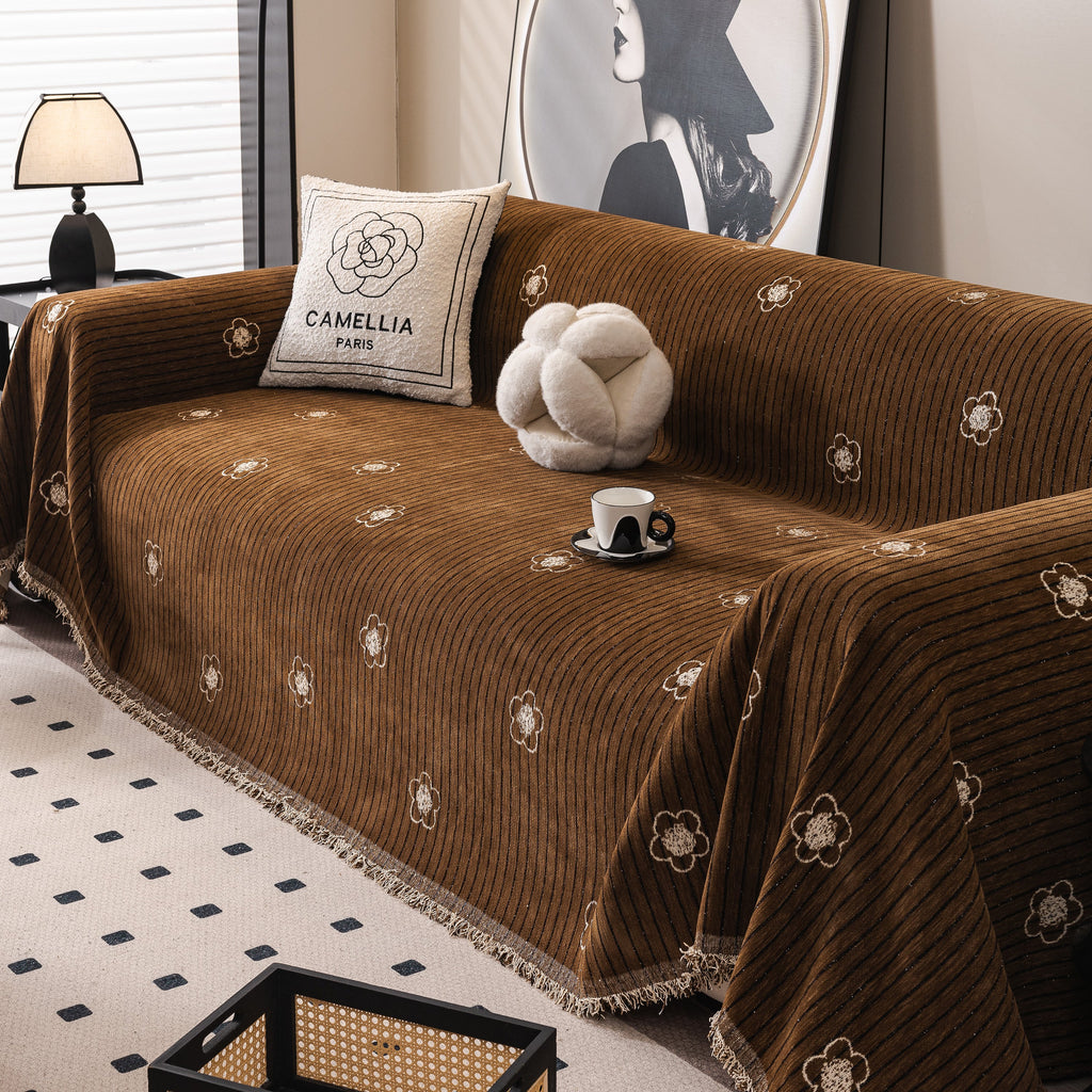 Chenille Camellia Floral Sofa Throw Cover Couch Blanket with Striped Jacquard