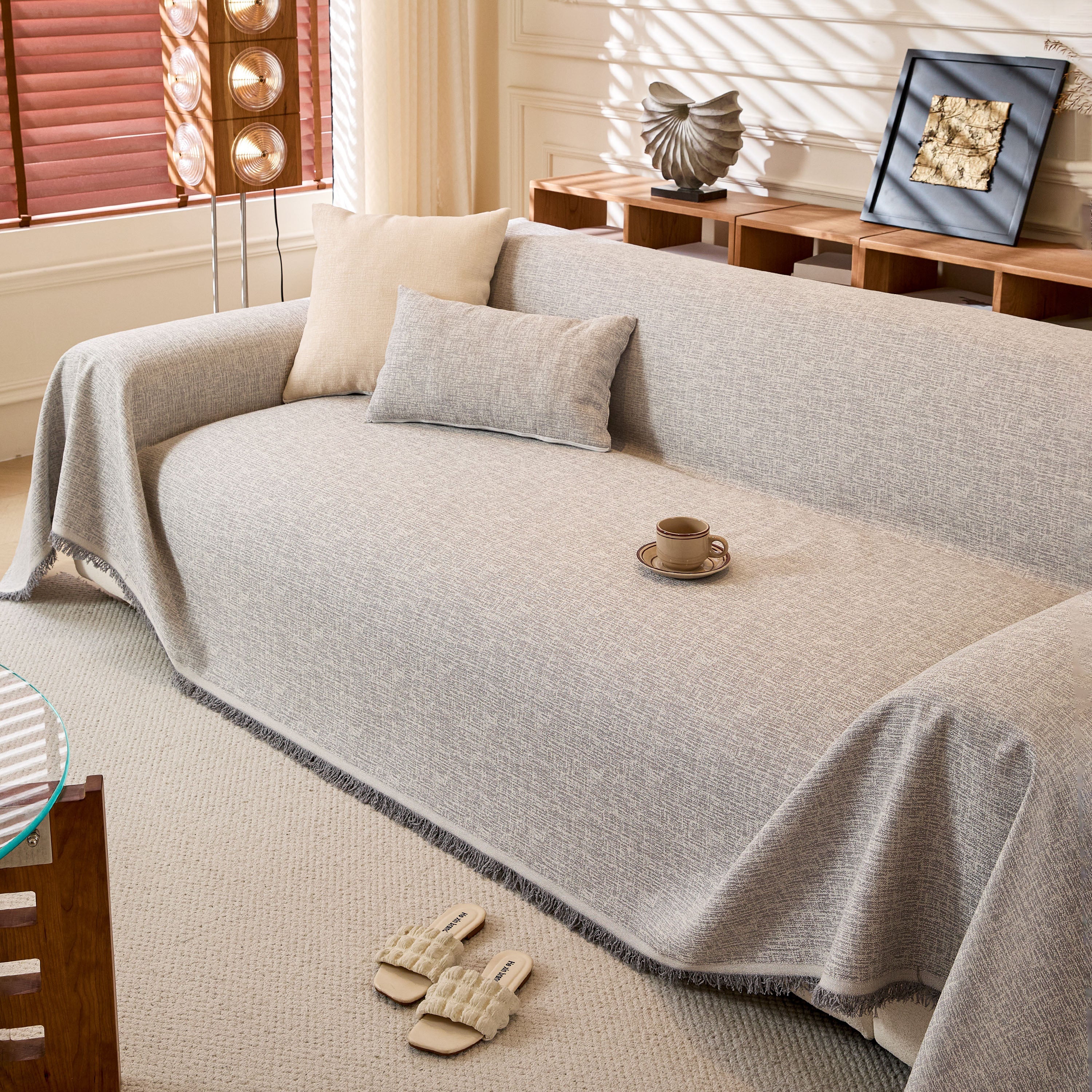 Linen-Look Textured Couch Throw Cover, Breathable Sofa Blanket & Furniture Protector