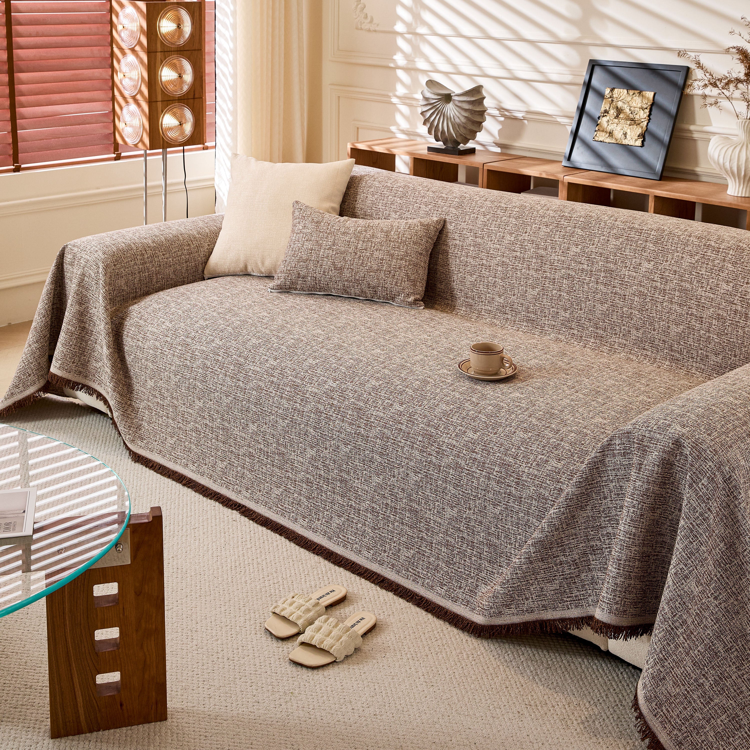 Linen-Look Textured Couch Throw Cover, Breathable Sofa Blanket & Furniture Protector