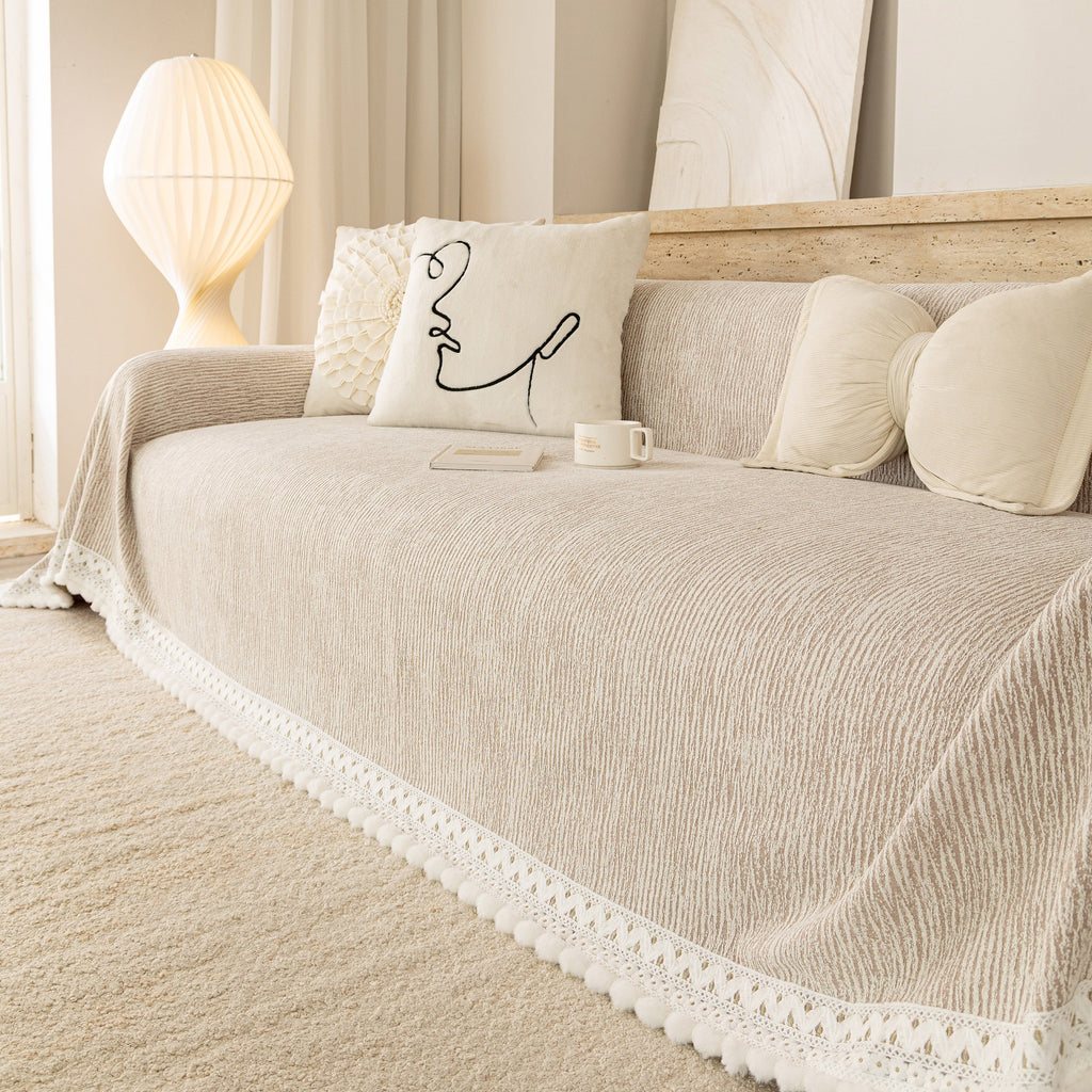 Sofa Cover Throw with Lace Trim & Pom-Pom Fringe, Decorative Couch Cover Blanket