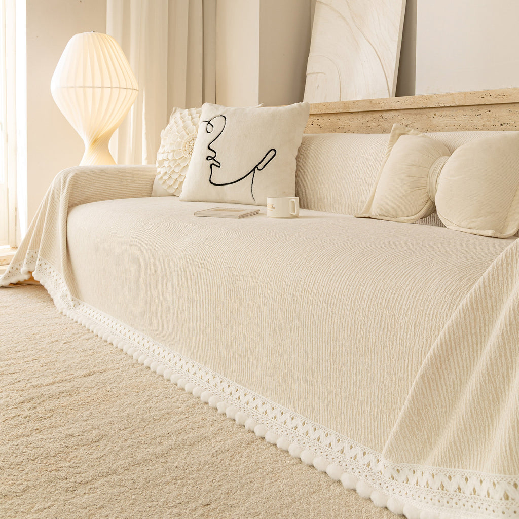 Sofa Cover Throw with Lace Trim & Pom-Pom Fringe, Decorative Couch Cover Blanket