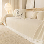 Sofa Cover Throw with Lace Trim & Pom-Pom Fringe, Decorative Couch Cover Blanket