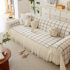 Grid Sofa Cover with Ruffle Skirt – Soft, Decorative, Full-Cover Couch Protector