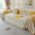Cozy Couch Throw Blanket with Tassels, Jacquard Leaf Pattern Furniture Protector