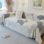 Cozy Couch Throw Blanket with Tassels, Jacquard Leaf Pattern Furniture Protector