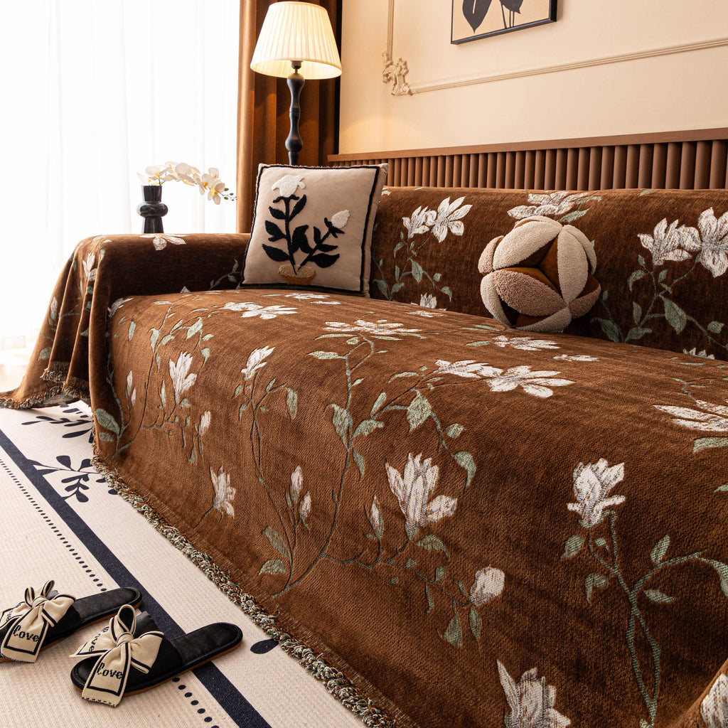 Luxury Thickened Sofa Throw Cover, Decorative Cozy Floral Jacquard Couch Cover Blanket