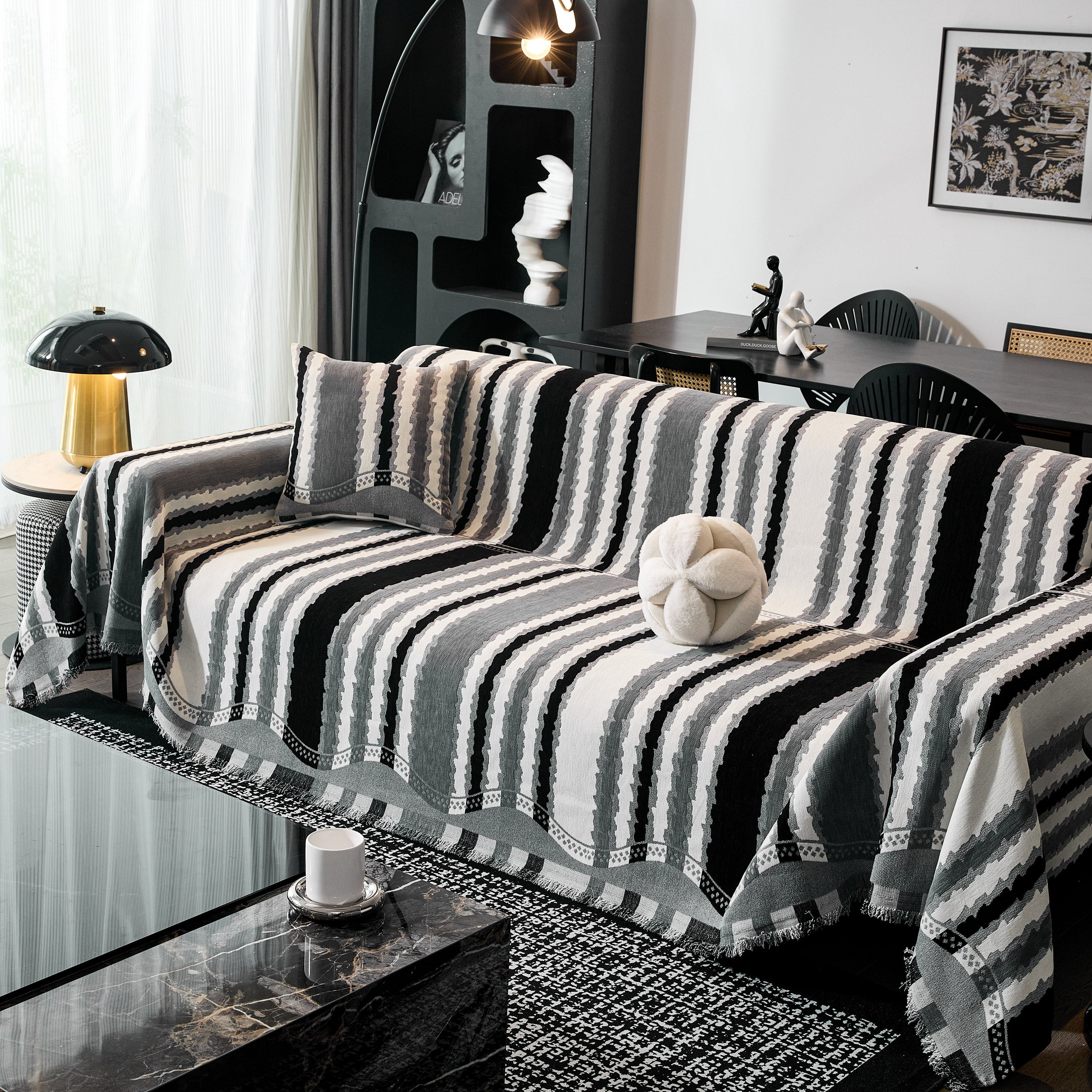 Striped Chenille Sofa Throw Covers, Boho Style Cozy Couch Protector Blanket