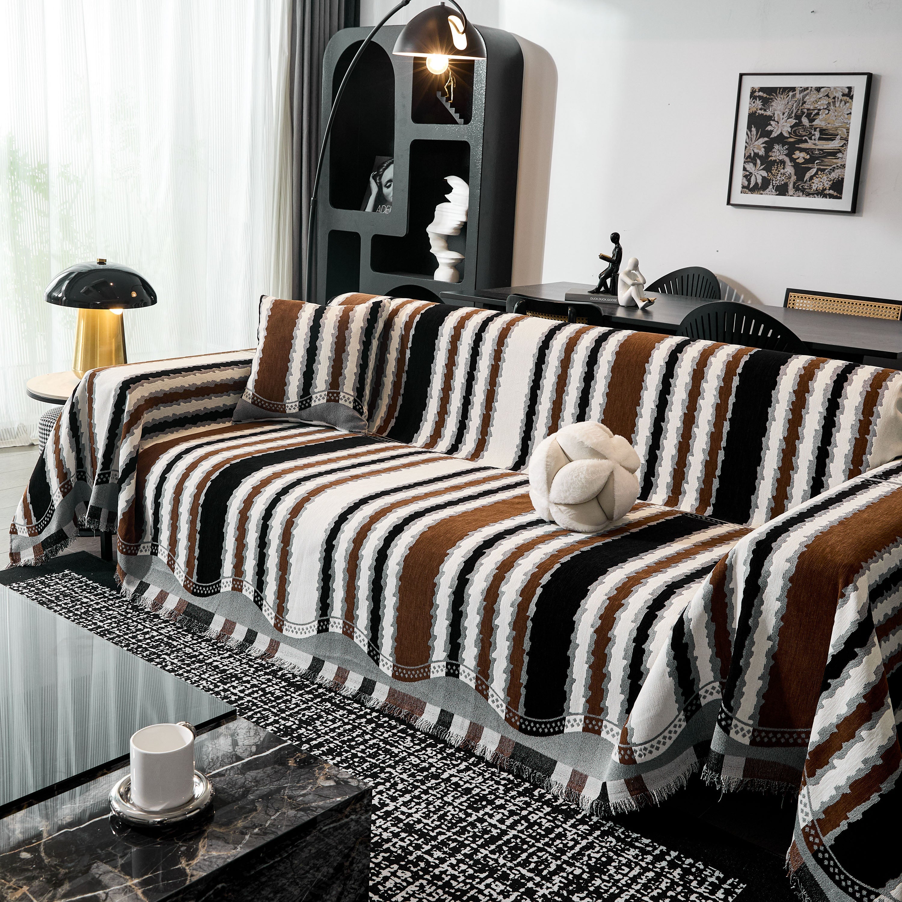 Striped Chenille Sofa Throw Covers, Boho Style Cozy Couch Protector Blanket