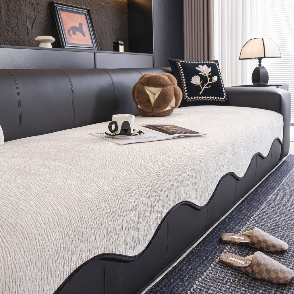 Chenille Couch Cover with Scalloped Edge, Non-Slip Modular Slipcover Sectional