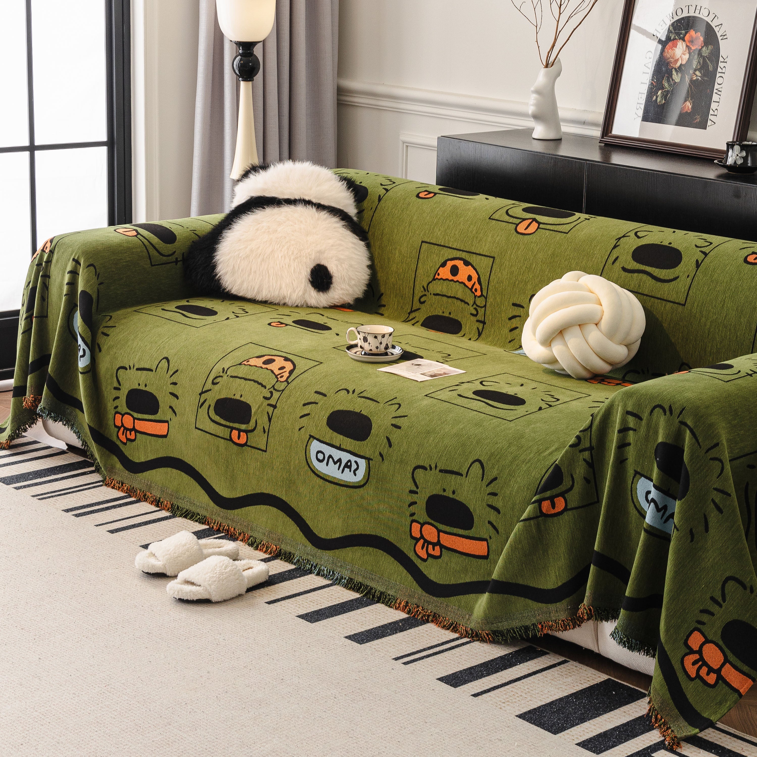 Cute Chenille Couch Cover Throw, Cartoon Soft Washable Sofa Cover for Sectional Sofas