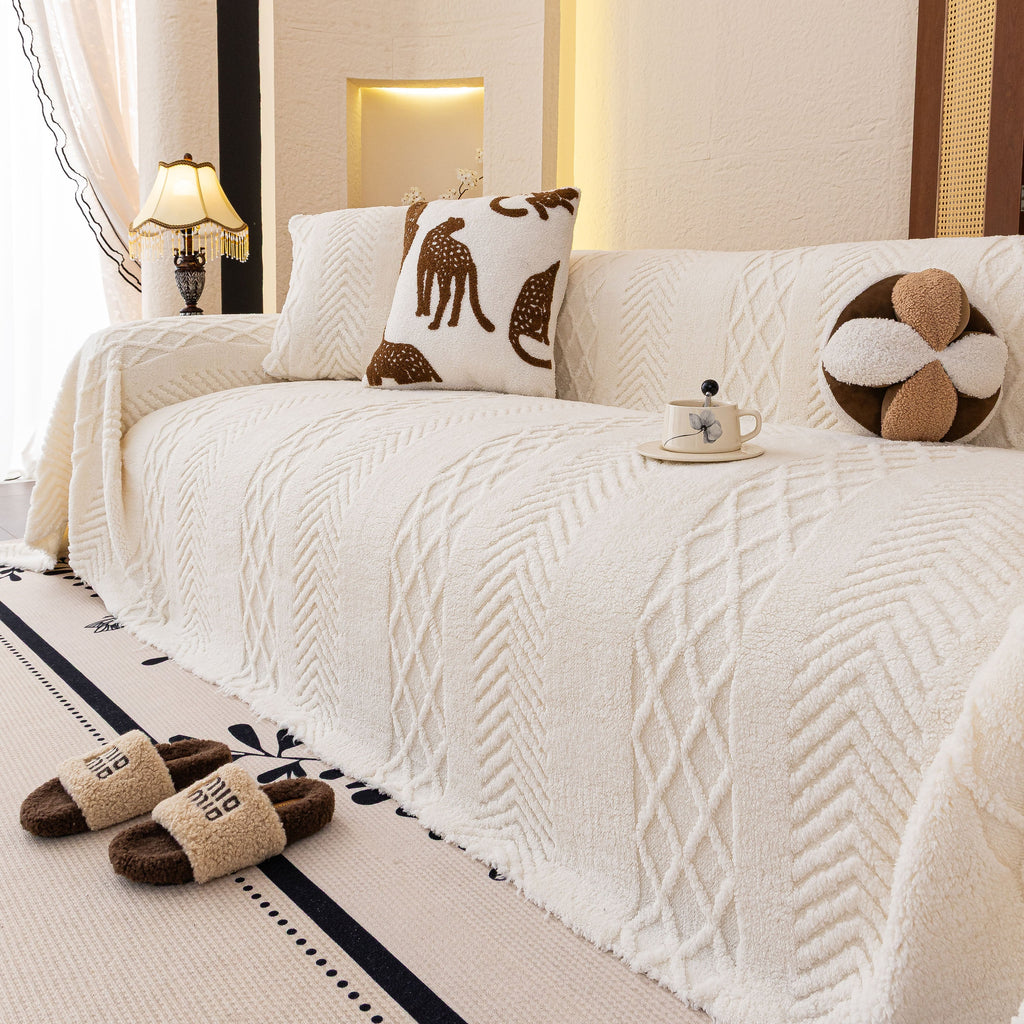 Plush Fleece Sofa Cover with 3D Cable Knit Texture Soft Cozy Warm Sofa Throw Blanket