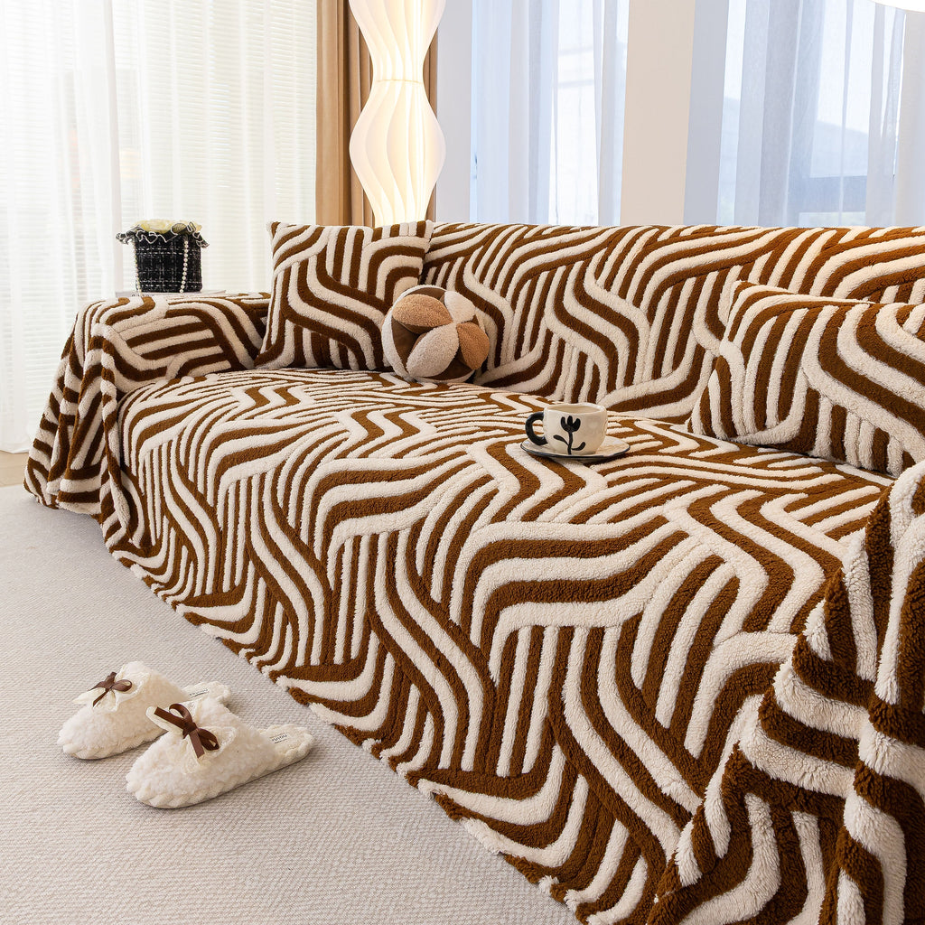 Plush Sherpa Sofa Throw Cover for Sectional, Jacquard Wave Throw Furniture Protector