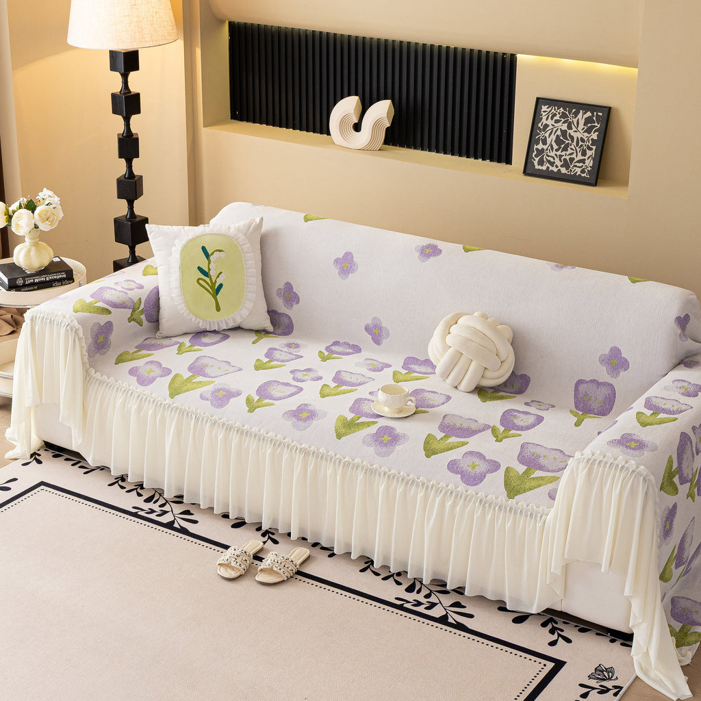 Ruffled Sweet Floral Sofa Cover with Skirt, Soft and Decorative Couch Throw Cover