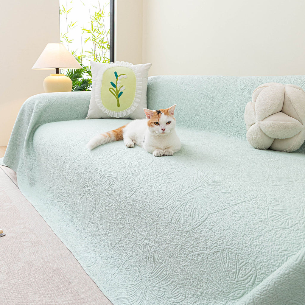 Cooling Embossed Botanical Couch Cover, Soft Ice Silk Furniture Protector for Sofa