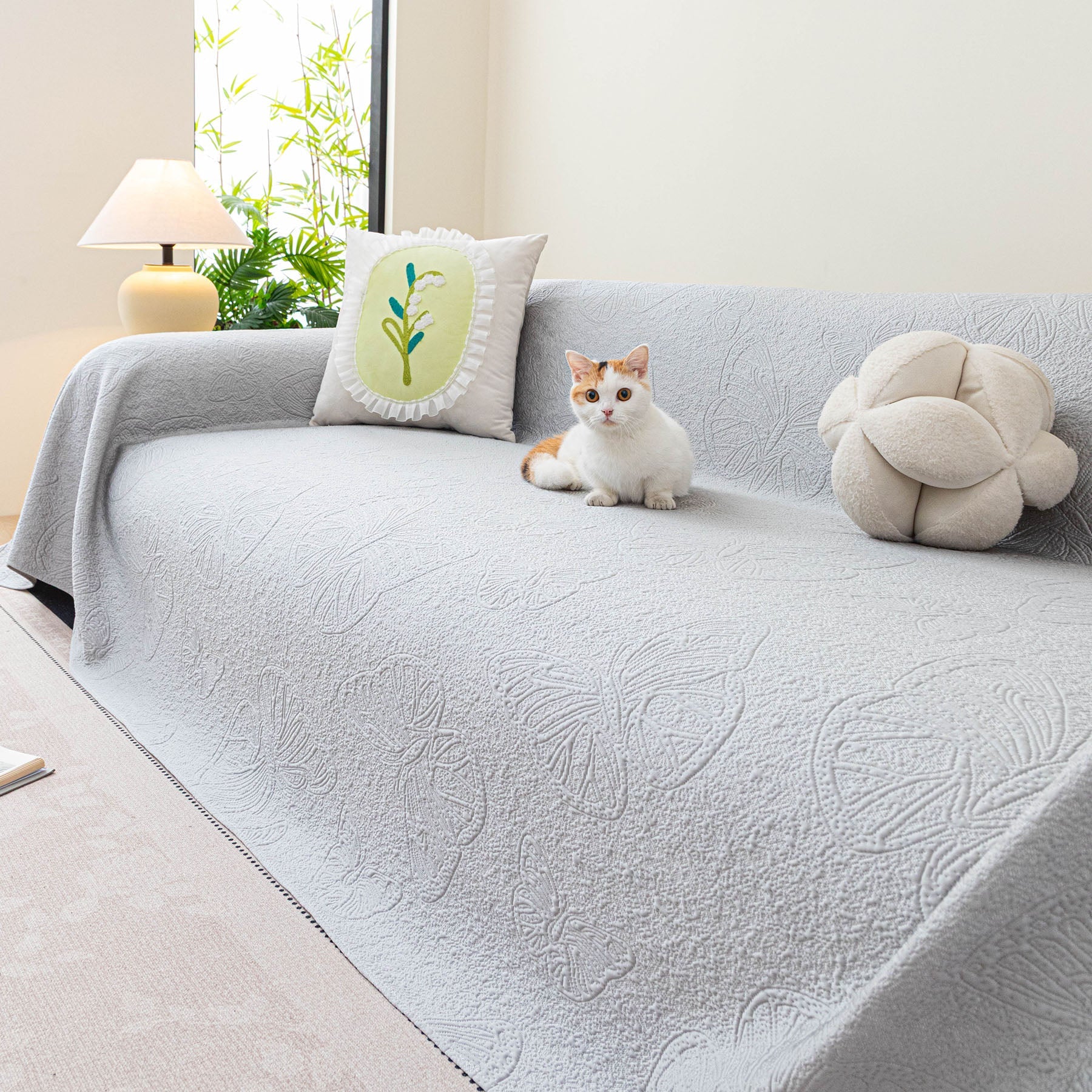 Cooling Embossed Botanical Couch Cover, Soft Ice Silk Furniture Protector for Sofa