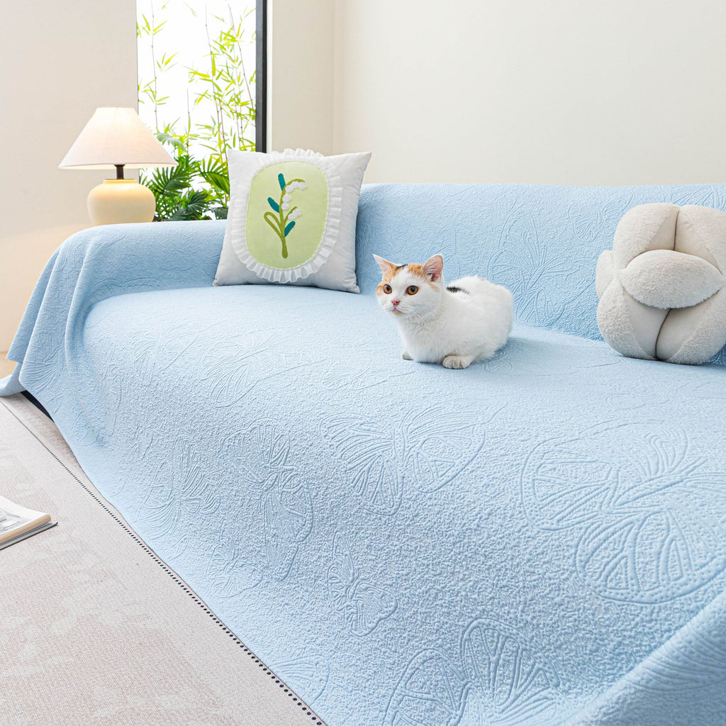 Cooling Embossed Botanical Couch Cover, Soft Ice Silk Furniture Protector for Sofa