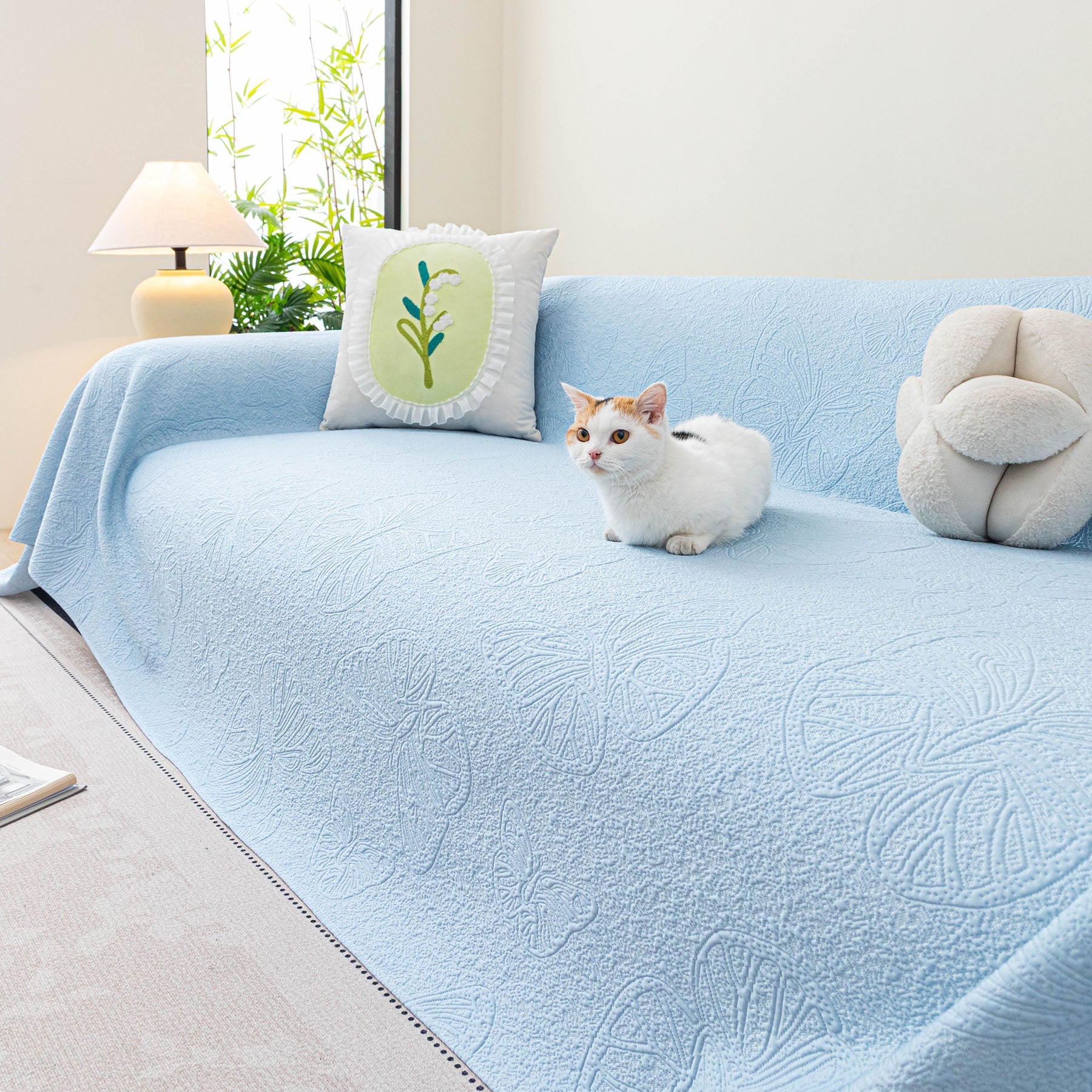 Cooling Embossed Botanical Couch Cover, Soft Ice Silk Furniture Protector for Sofa