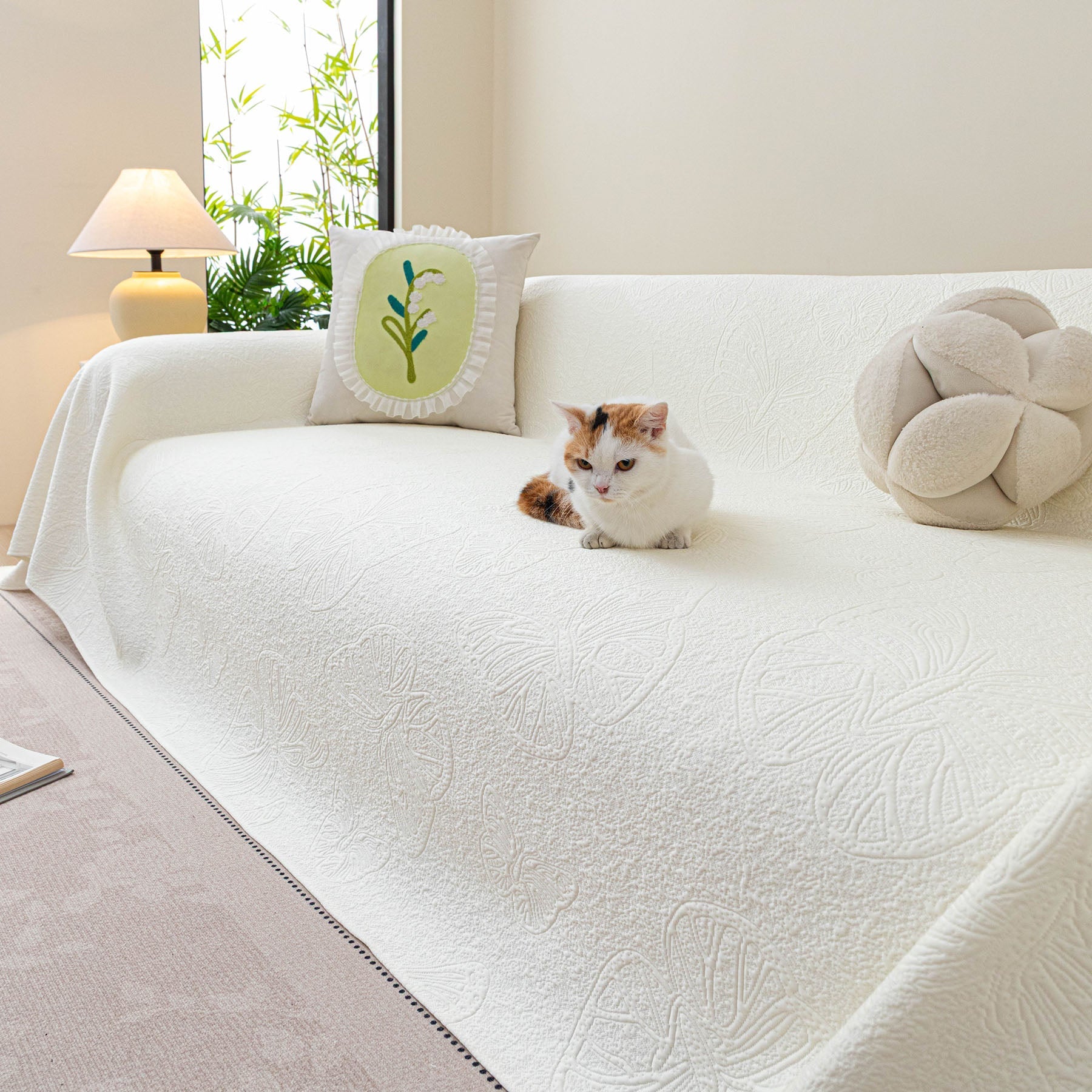 Cooling Embossed Botanical Couch Cover, Soft Ice Silk Furniture Protector for Sofa