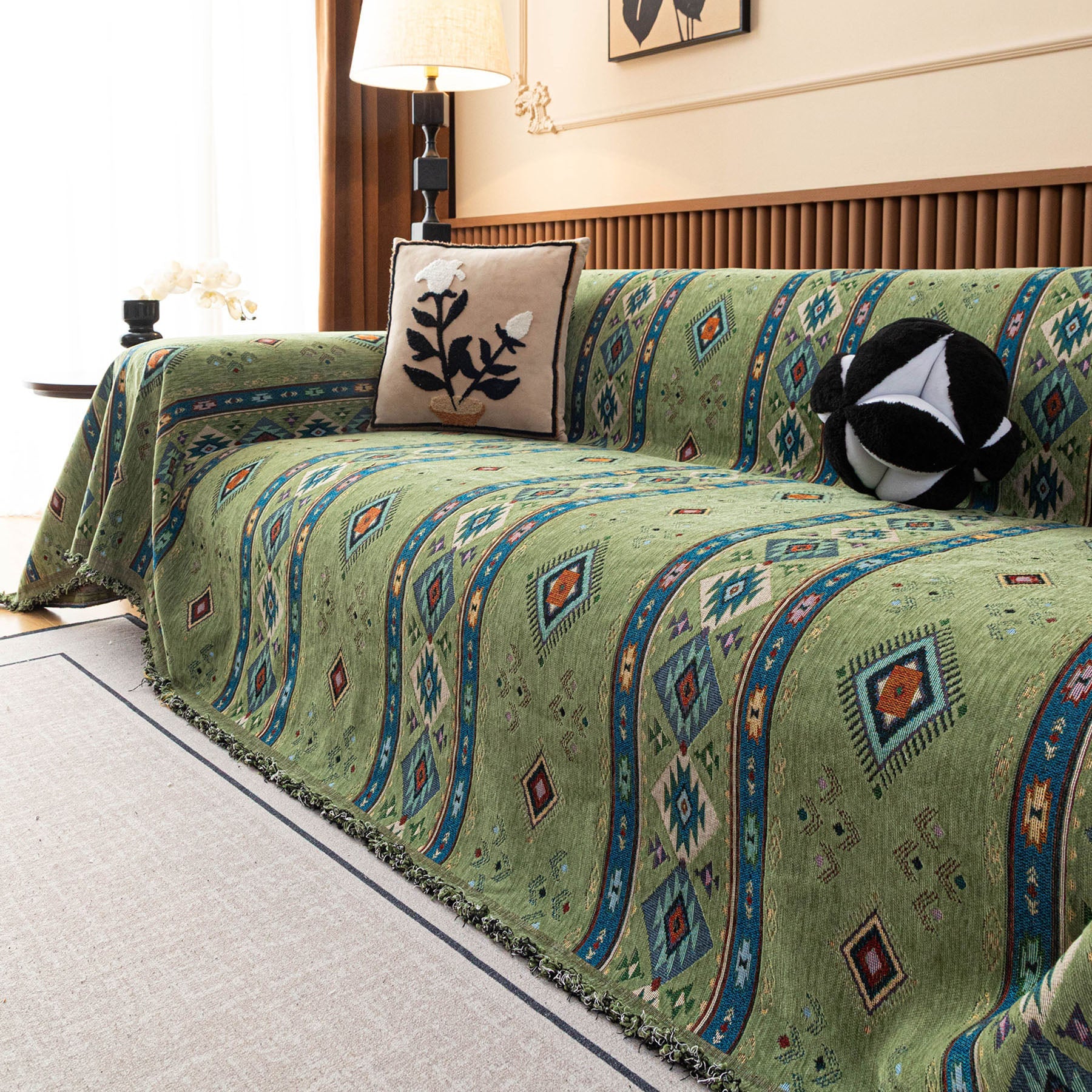 Southwestern Boho Woven Tribal Sofa Cover Blanket, Rustic Farmhouse Couch Throw Cover