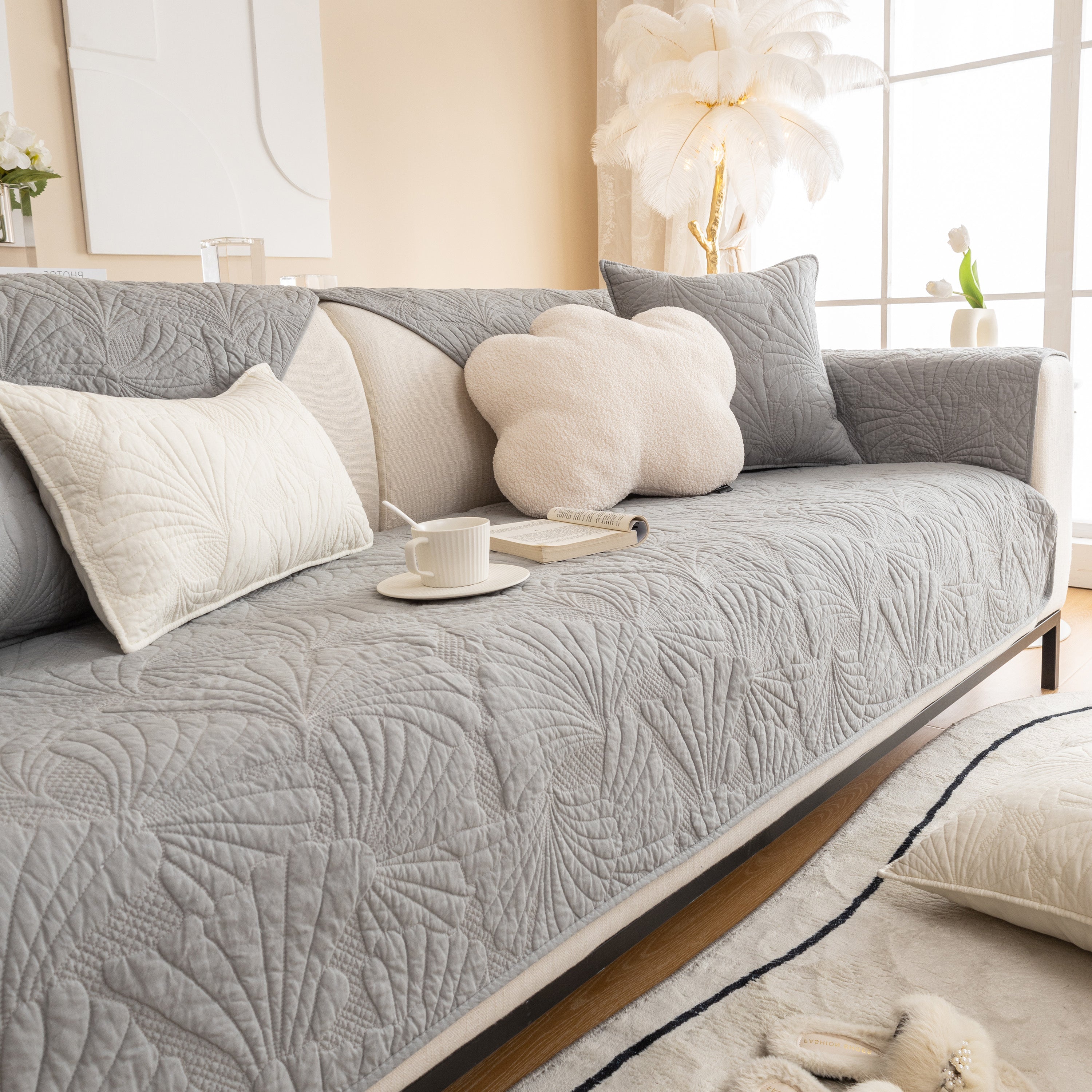 Embossed Leaf Cotton Quilted Sofa Cover Non-Slip Couch Protector with Thick Padding