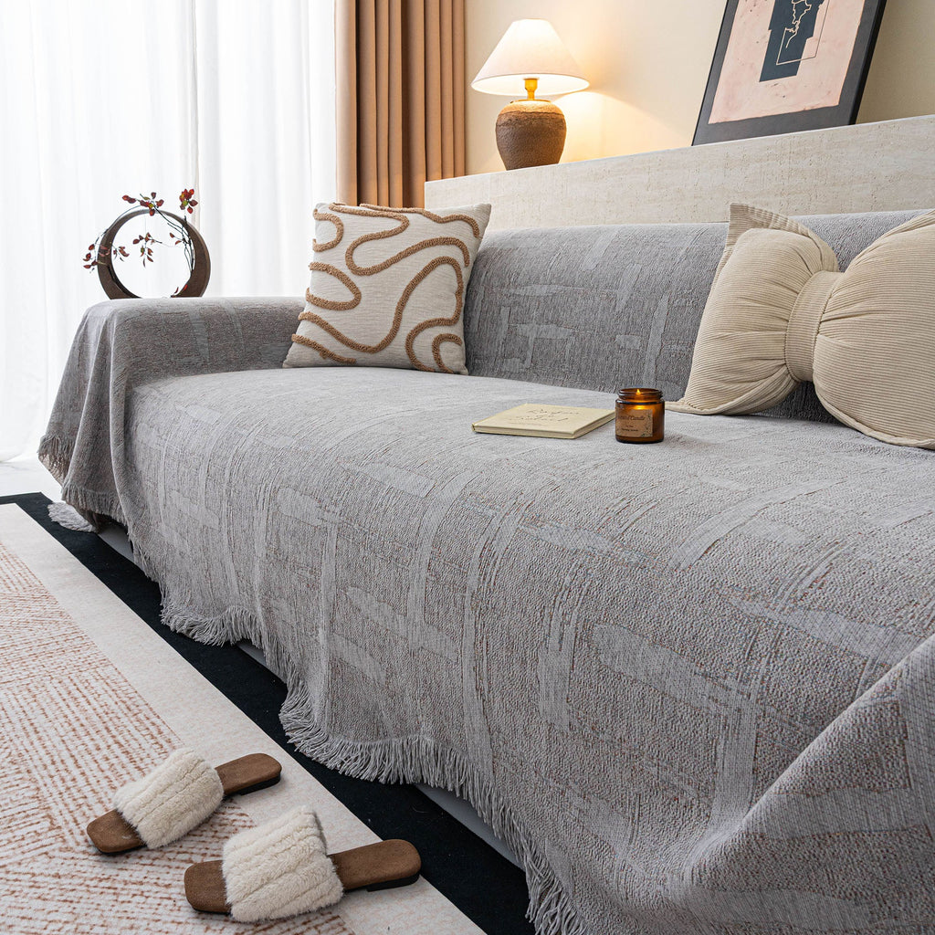 Chenille Sofa Cover Throw Blanket, Woven Textured Minimalist Wabi-Sabi Couch Cover