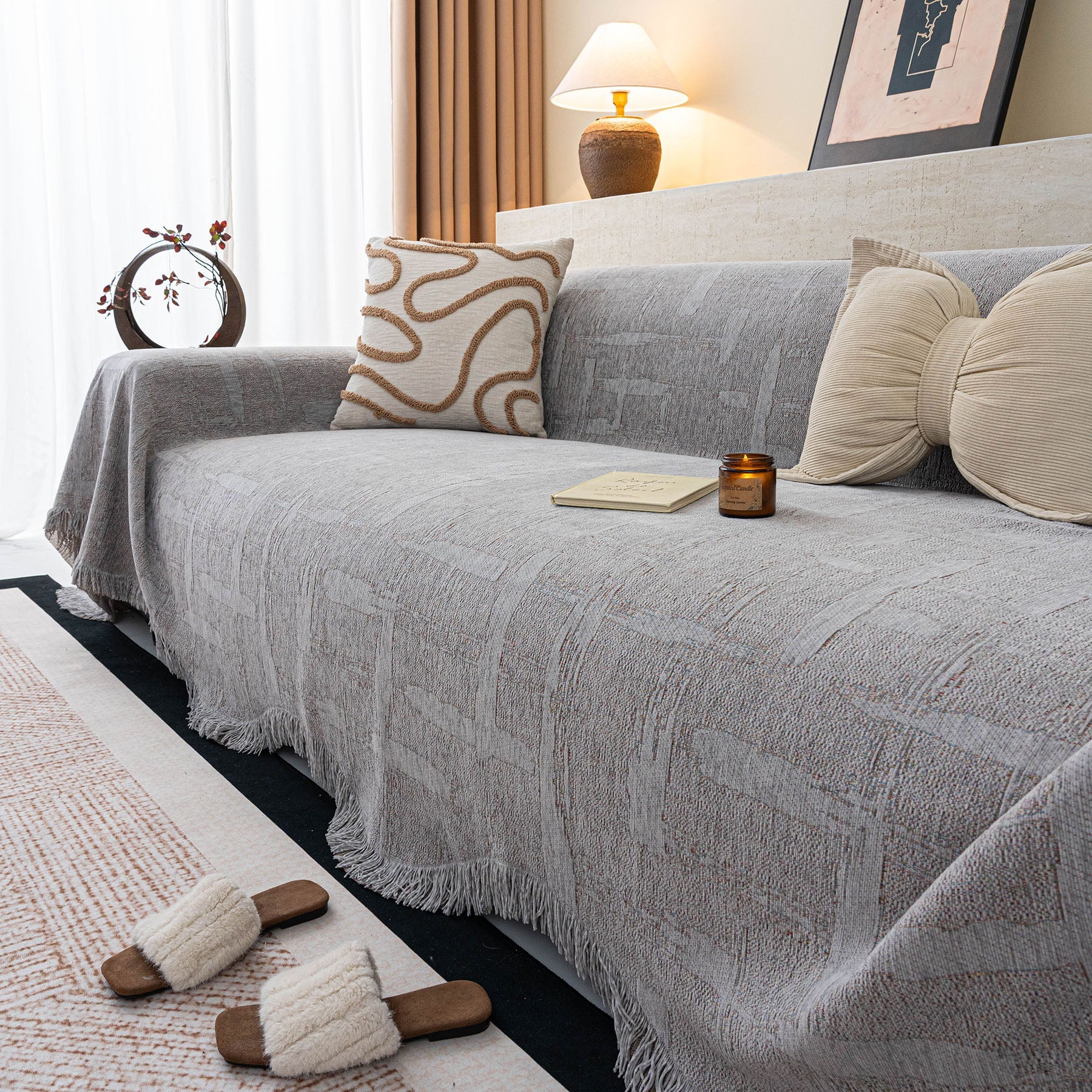 Chenille Sofa Cover Throw Blanket, Woven Textured Minimalist Wabi-Sabi Couch Cover