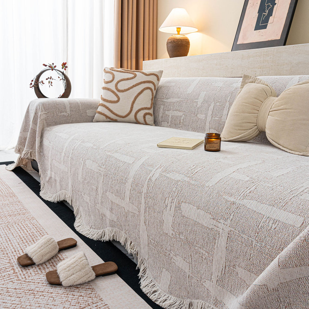 Chenille Sofa Cover Throw Blanket, Woven Textured Minimalist Wabi-Sabi Couch Cover
