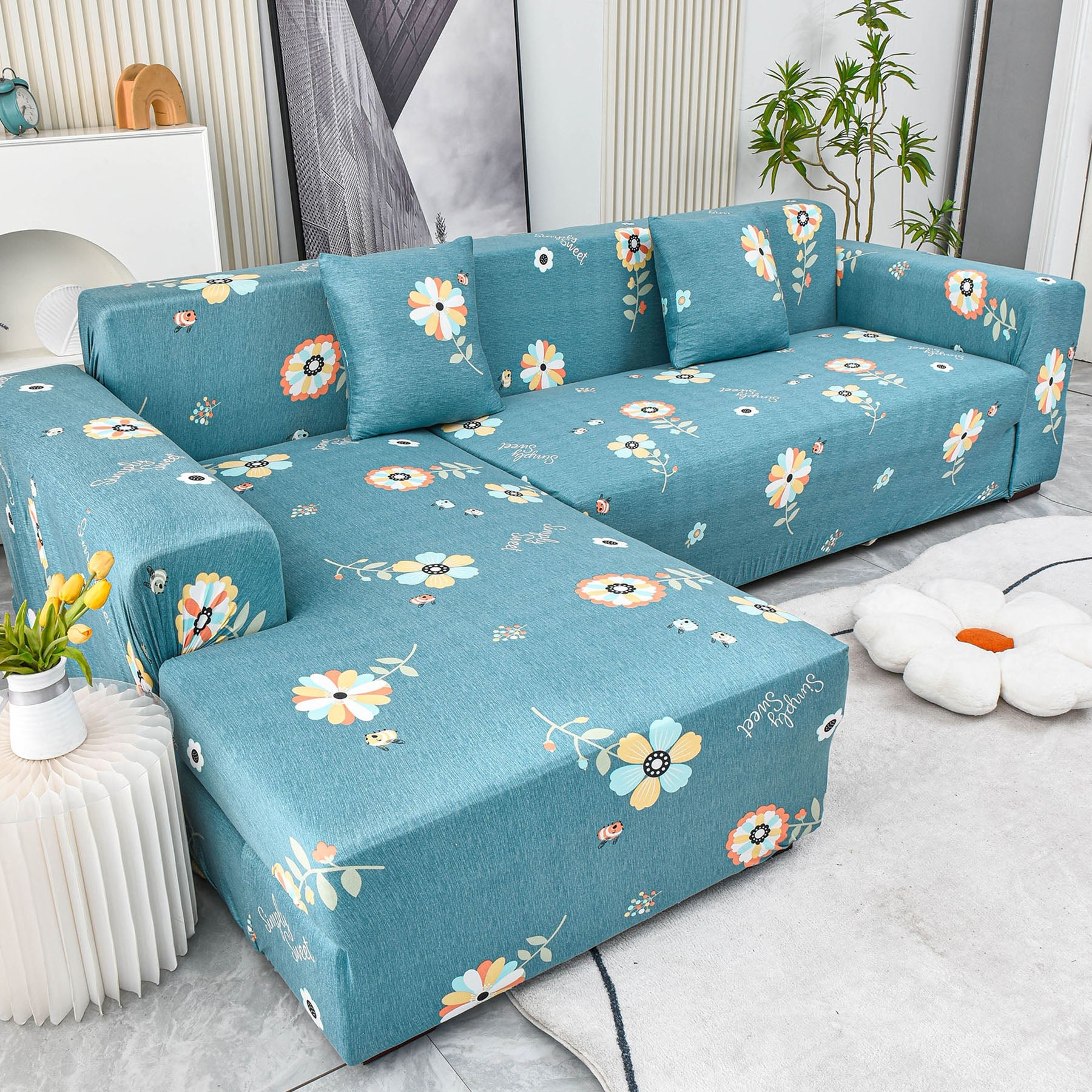 Boho Printed Sofa Slipcover, Stretch Furniture Protector for Sectional L-Shaped Sofa