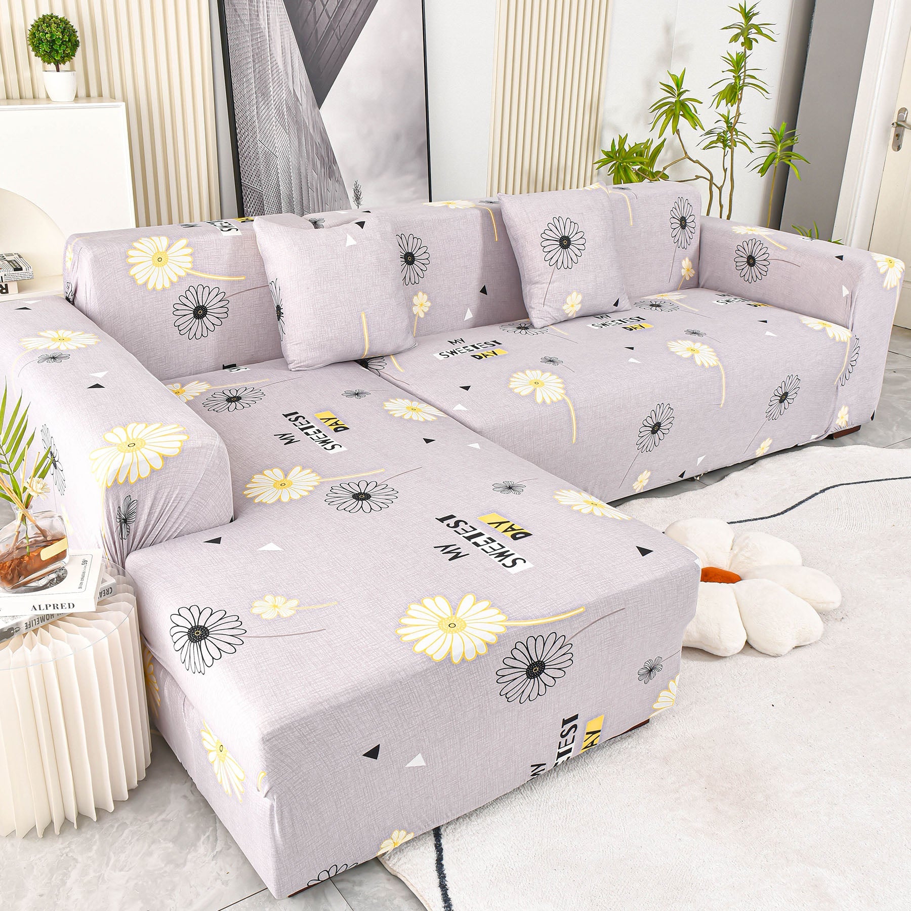 Boho Printed Sofa Slipcover, Stretch Furniture Protector for Sectional L-Shaped Sofa