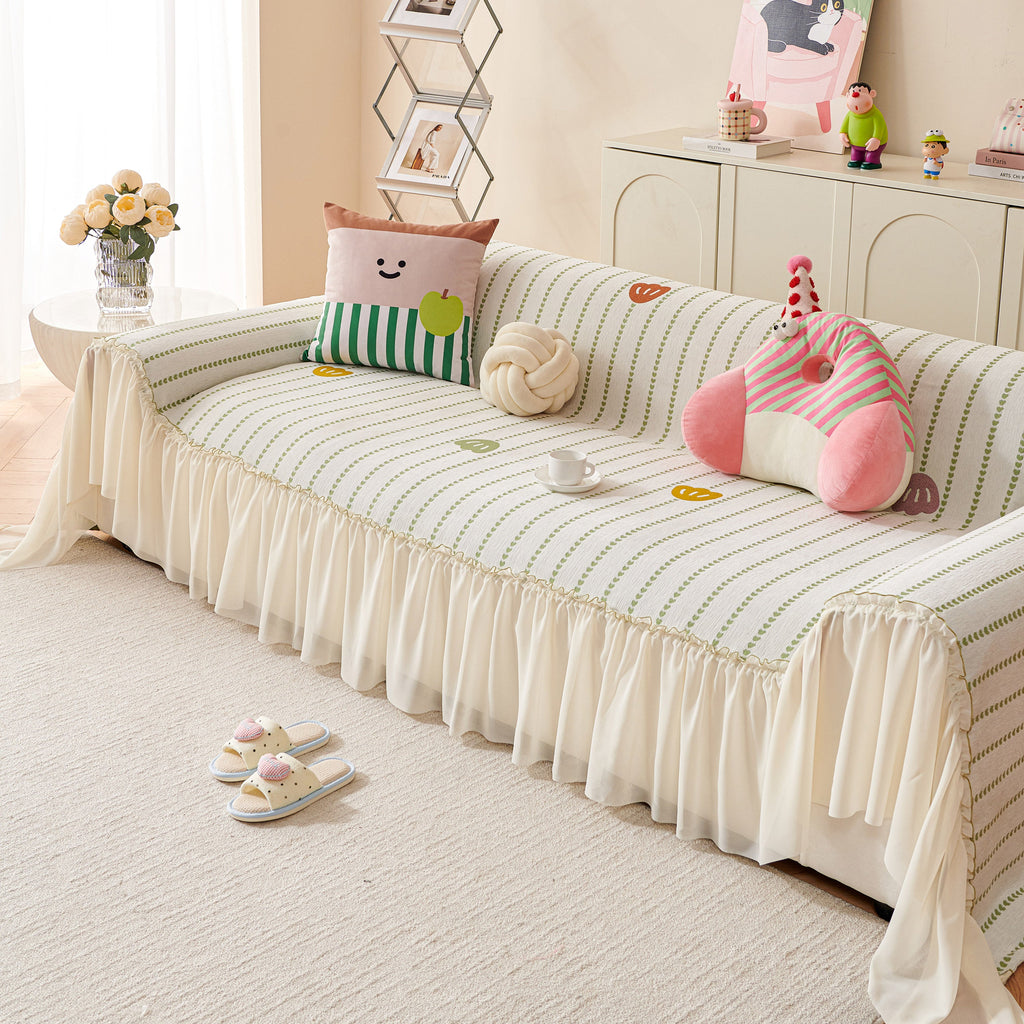 Cute Dotted Stripe Couch Protector, Non-Slip Washable Sofa Cover with Ruffled Skirt
