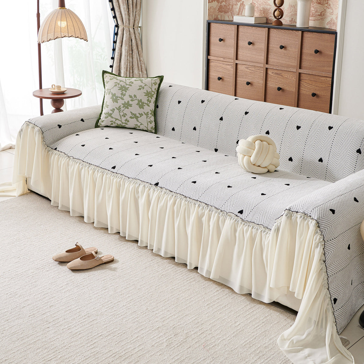 Cottagecore Ruffled Sofa Slipcover, Shabby Chic Couch Protector Cover for Living Room