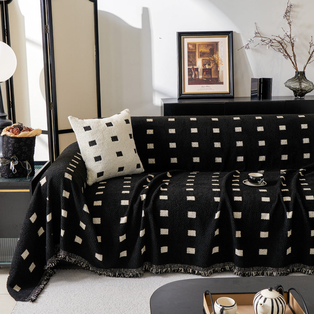 Sofa Throw Blanket with Woven Geometric Pattern & Tassels, Soft & Thick Couch Cover