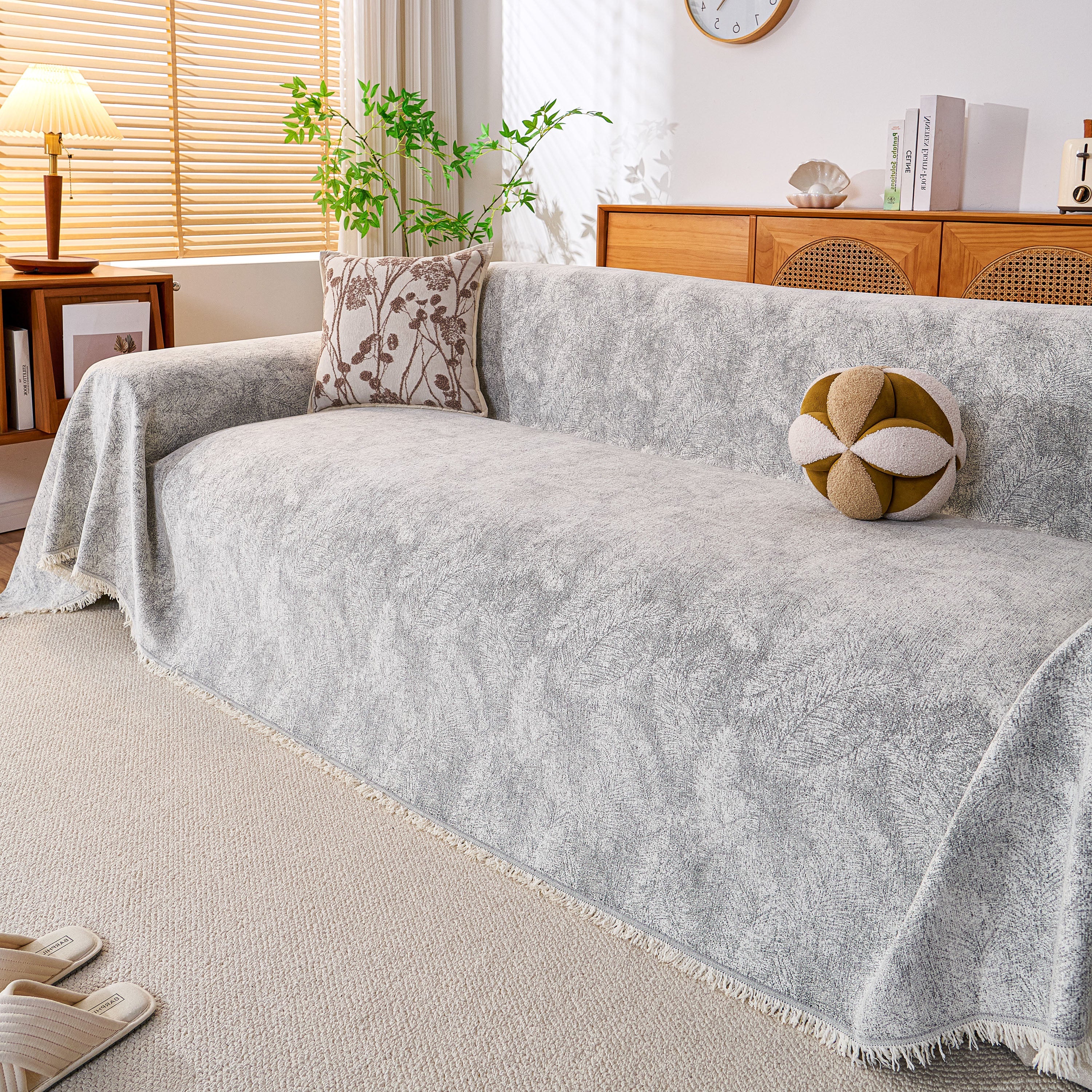 Cozy Textured Couch Protector with Fringe, Universal Soft Slipcover for Couch Sofa Bed