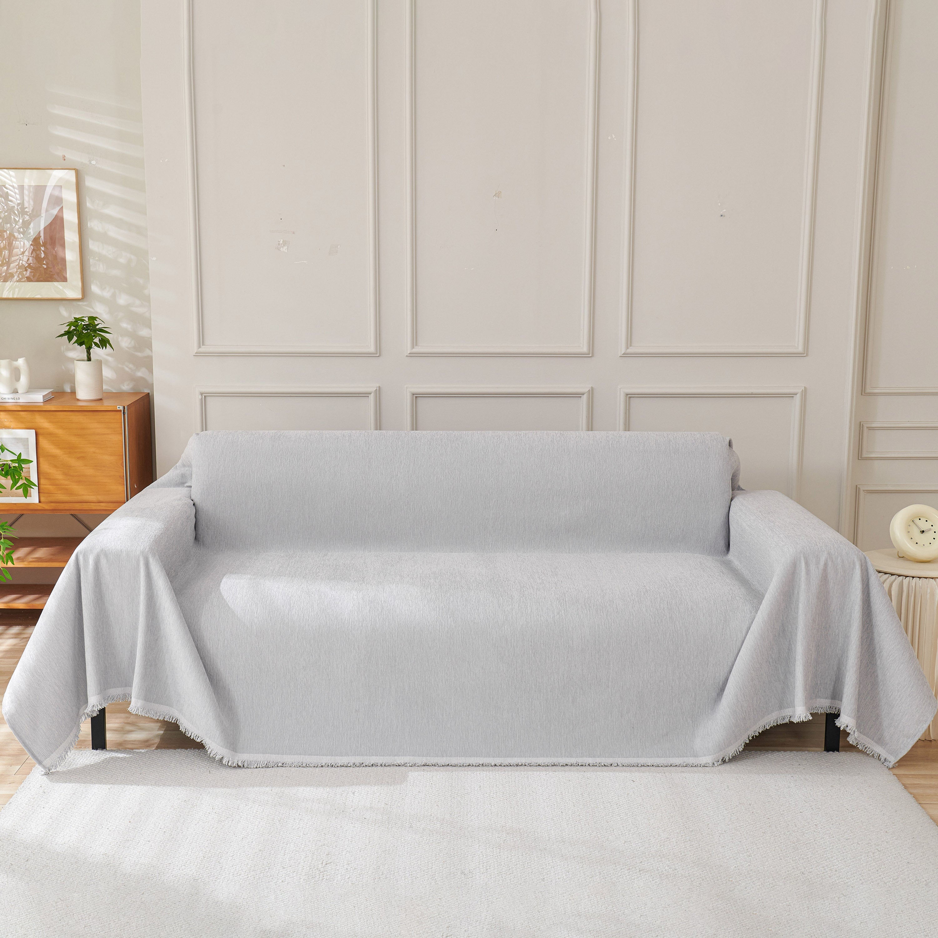Solid Color Chenille Sofa Throw Blanket, Cozy & Easy Care Fringed Furniture Protector