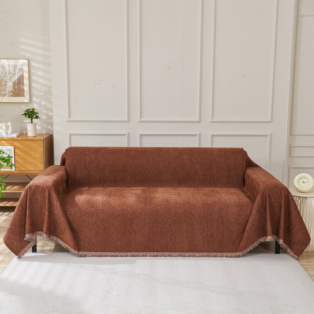 Solid Color Chenille Sofa Throw Blanket, Modern Decor Soft Couch Cover with Fringes