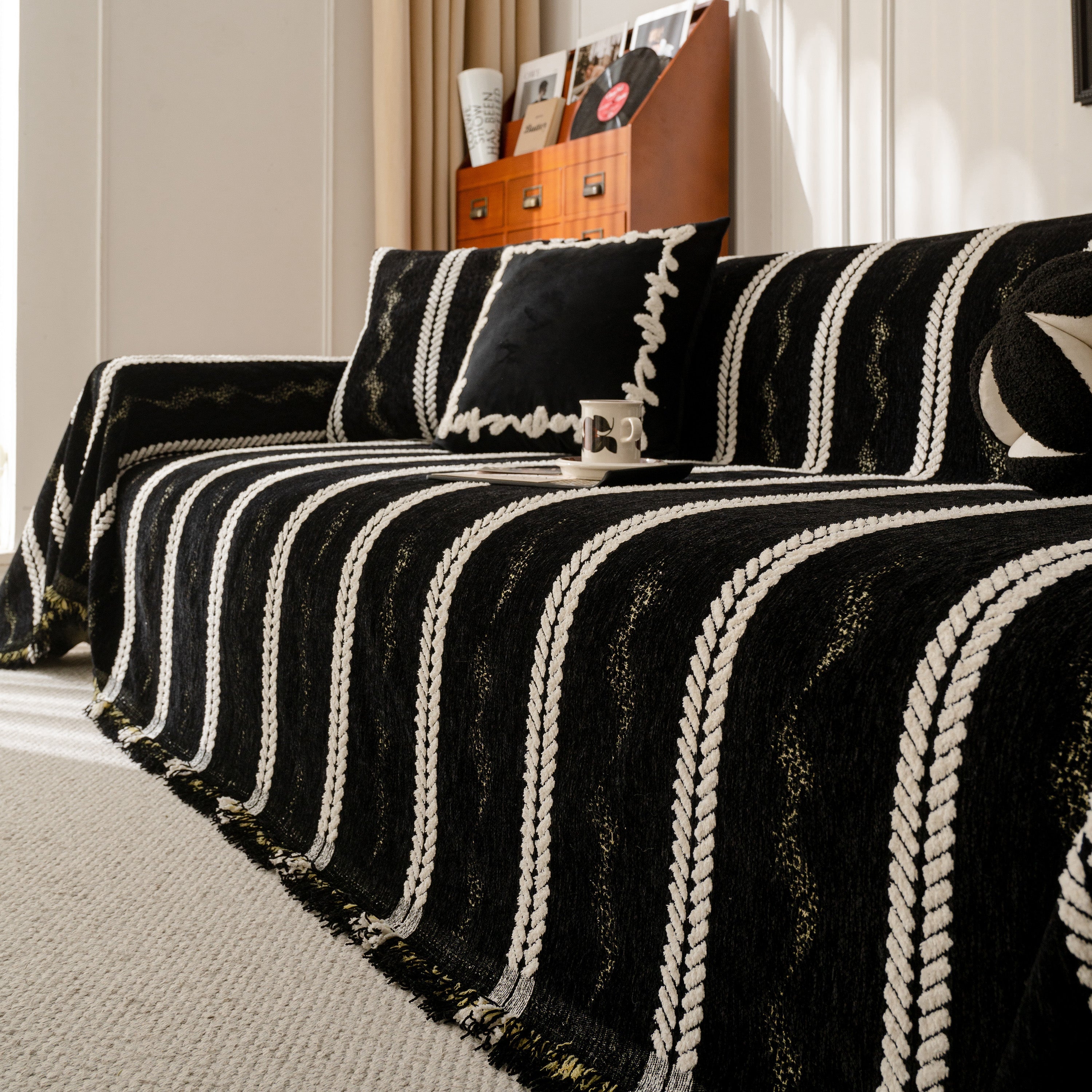 Boho Couch Throw Blanket with Textured Stripes, Sofa Cover for Living Room Decor