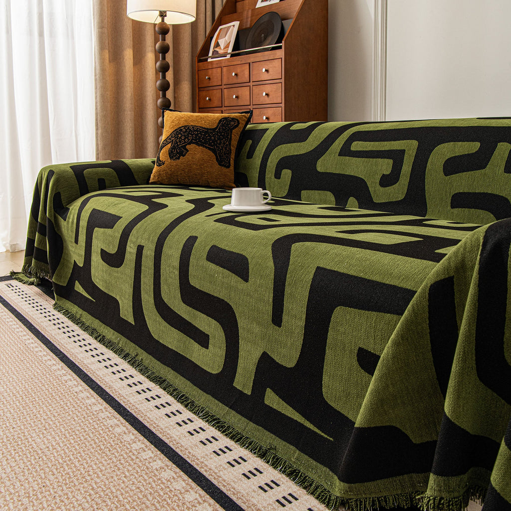 Modern Boho Chenille Sofa Cover Throw Blanket, Abstract Geometric Pattern Couch Cover