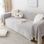 Boho Herringbone Sofa Throw Blanket with Pom Pom Tassels Stylish Furniture Slipcover