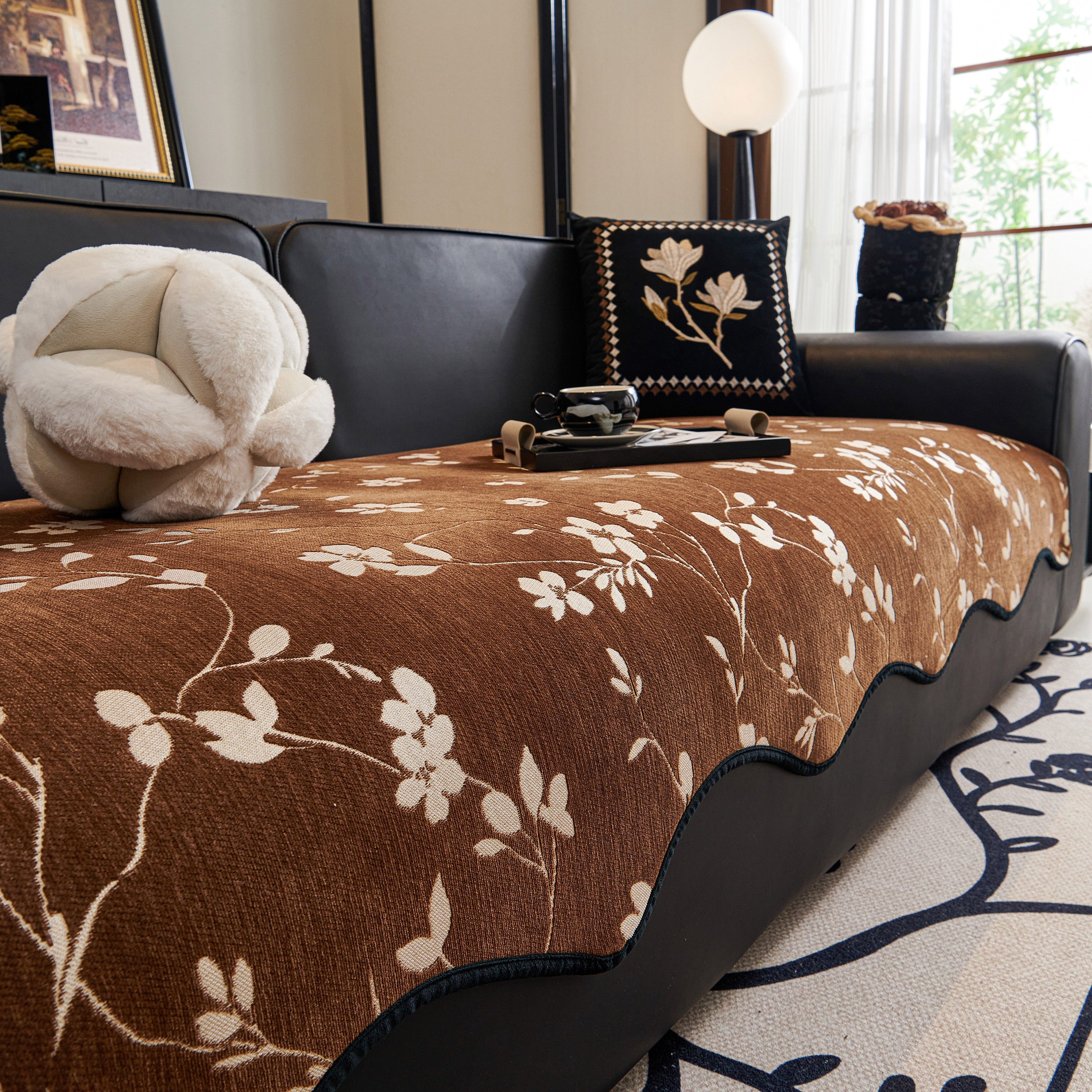 Floral Chenille Couch Cover, Non-Slip Sofa Slipcover Protector for Furniture