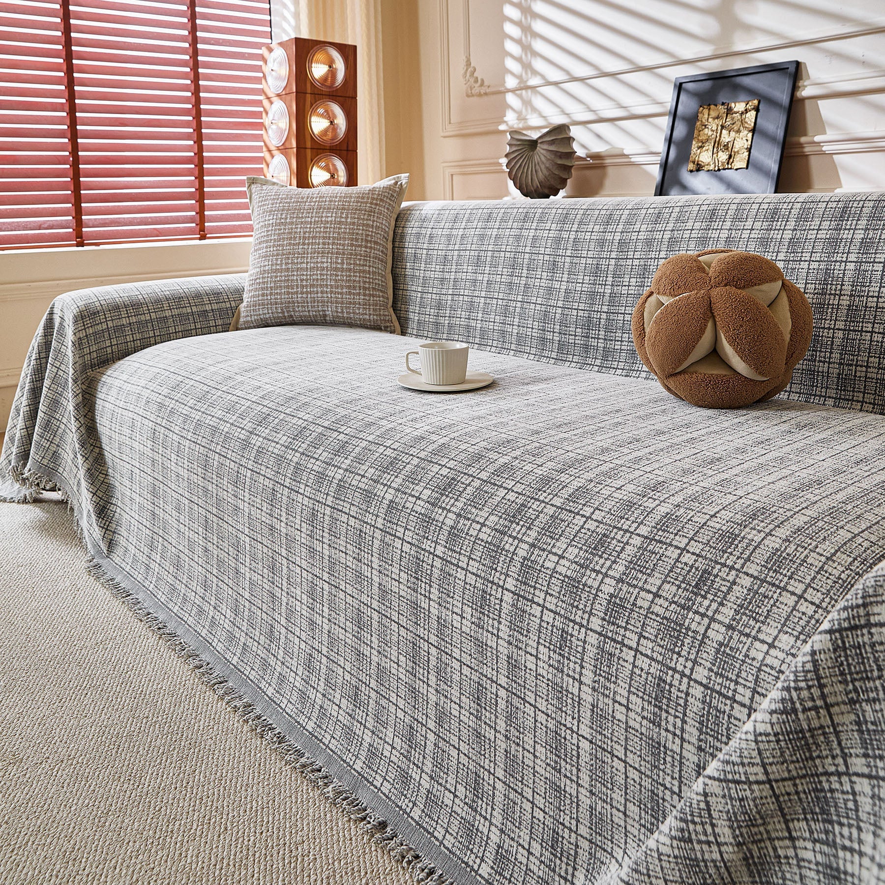 Textured Plaid Couch Throw Cover, Modern Decorative Sectional Furniture Covers