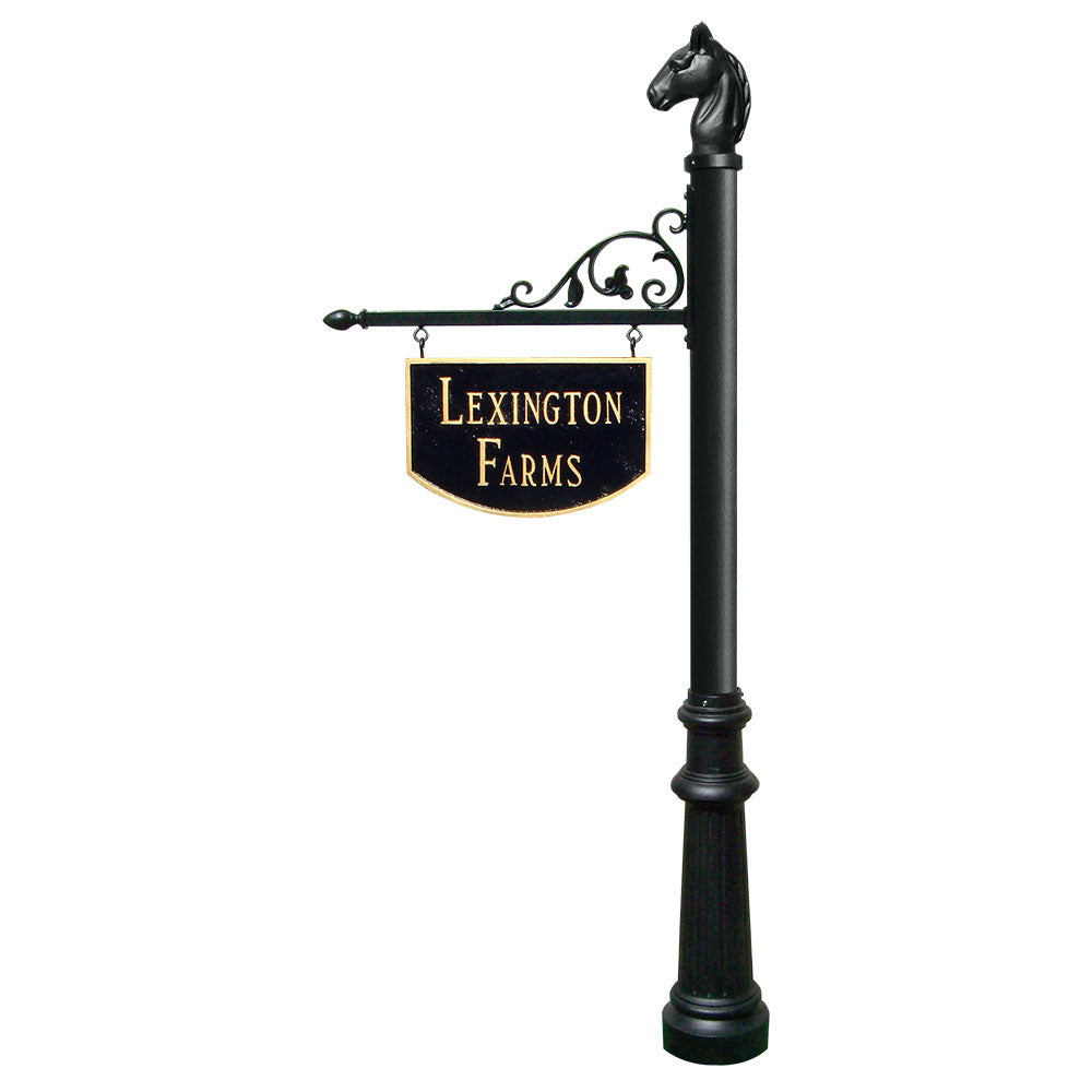 Large Hanging Ranch Sign With Post, Decorative Fluted Base And Horsehead Finial