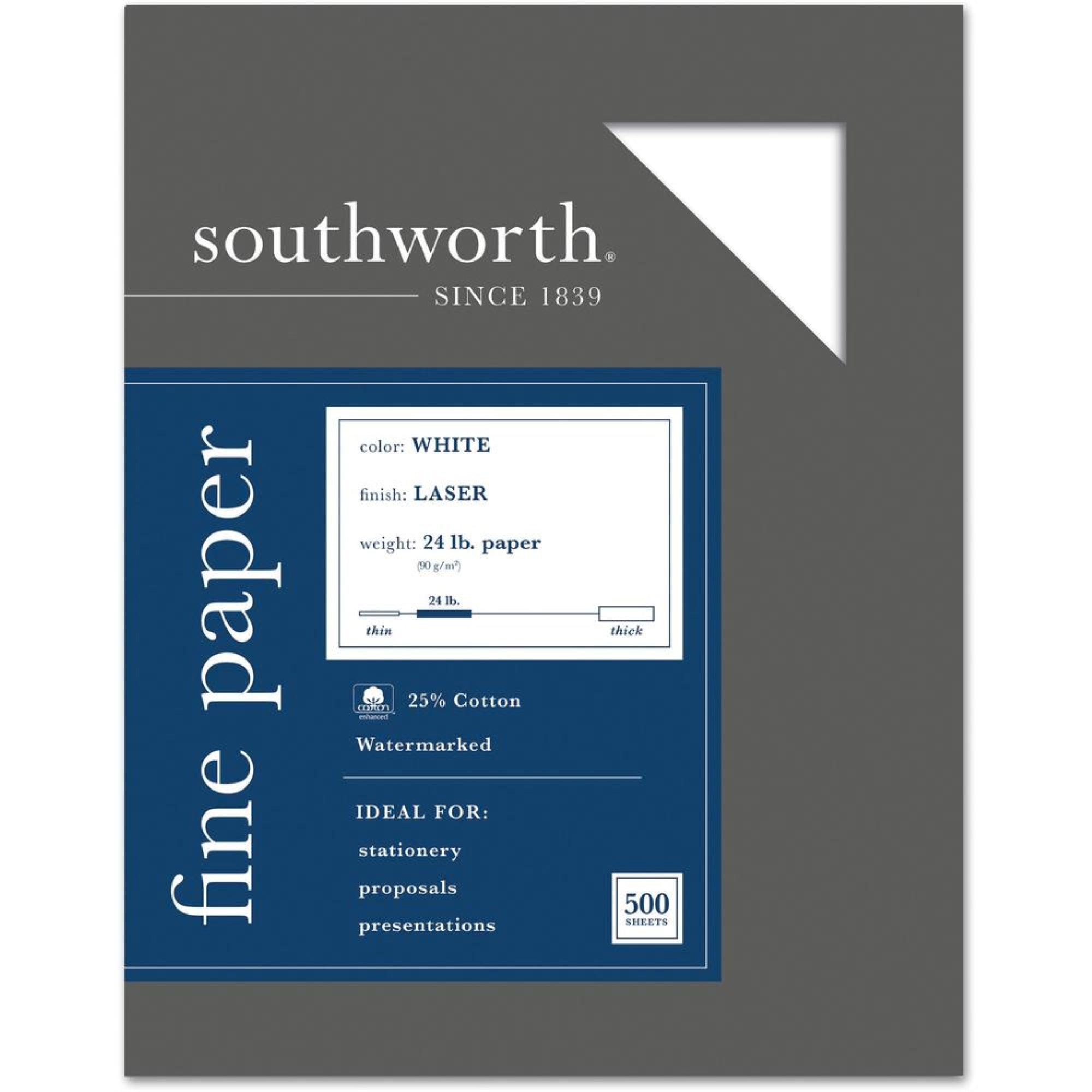 Southworth Laser Paper - White - Letter - 8 1/2 X 11 - 24 Lb Basis Weight - Extra Smooth - 500 / Box - Acid-Free, Watermarked, D