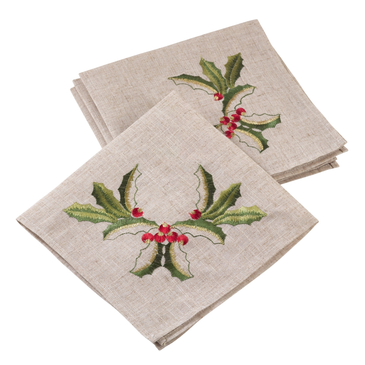 SARO QX653.N20S Embroidered Holly Design Holiday Linen Blend Napkin Set Natural - Set of 4