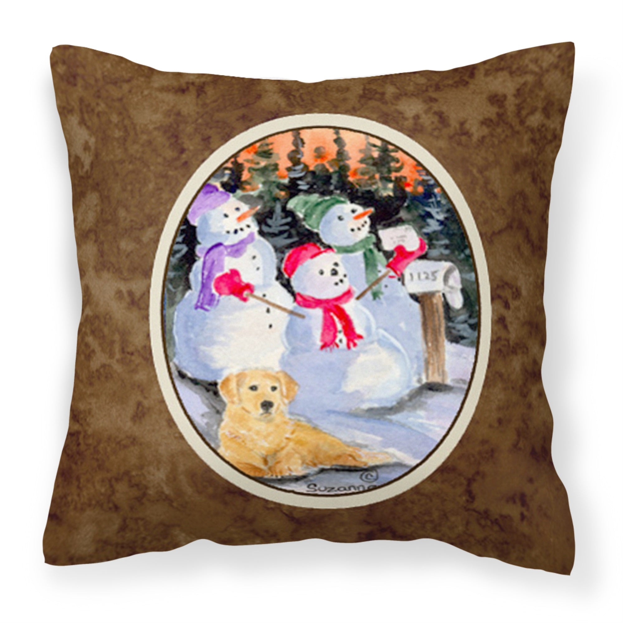 'Caroline'S Treasures Ss8989Pw1414 Snowman With Golden Retriever Fabric Pillow, Large, Multicolor'