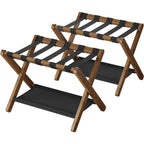 Set of 2 - Sturdy Luggage Rack in Walnut Wood Finish with Lower Storage Shelf