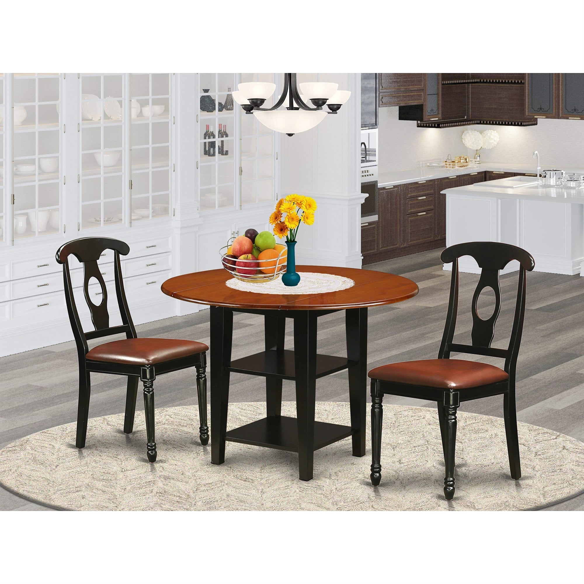 SUKE3-BCH-LC 3 Piece Sudbury Set With One Round Dinette Table And Two Dinette Chairs With Faux Leather Seat In A Rich Black and 