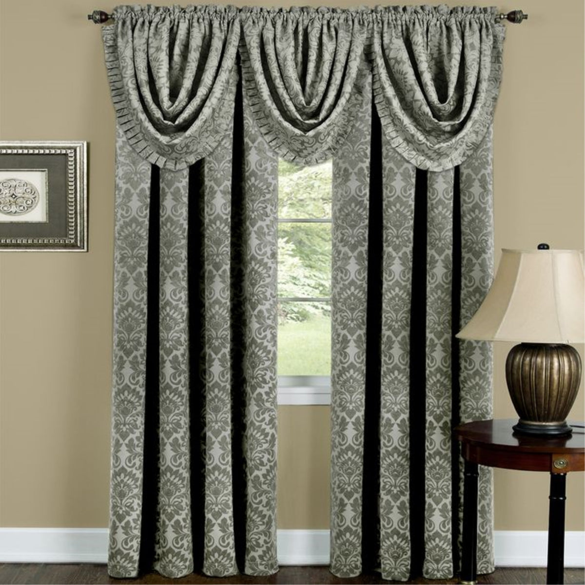 Sutton Blackout Damask Curtains With Matching Valance  Elegant Drapes For Enhanced Space  Sage  52X84