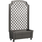 Outdoor Self-Watering Garden Planter with Trellis and Wheels in Grey Plastic